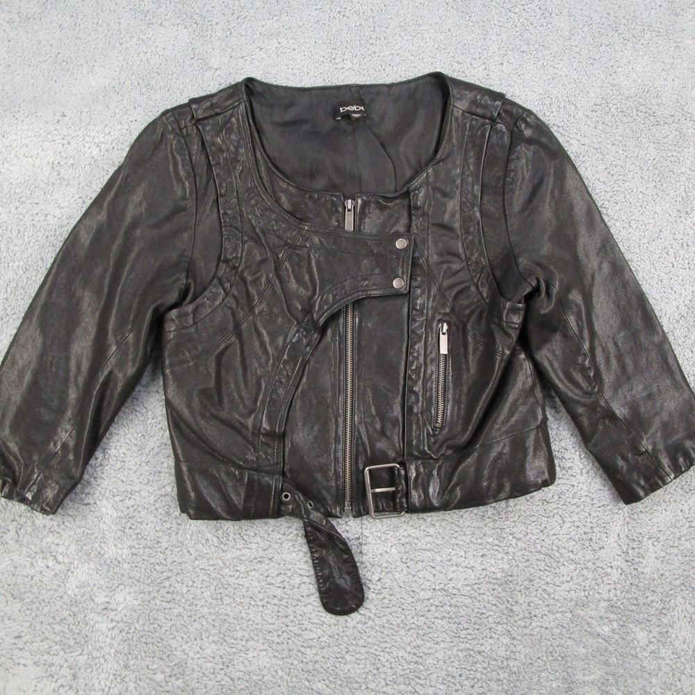 Bebe Black Leather Moto Jacket Cropped Belted 3/4 Sleeve 106M2101K935 Womens M